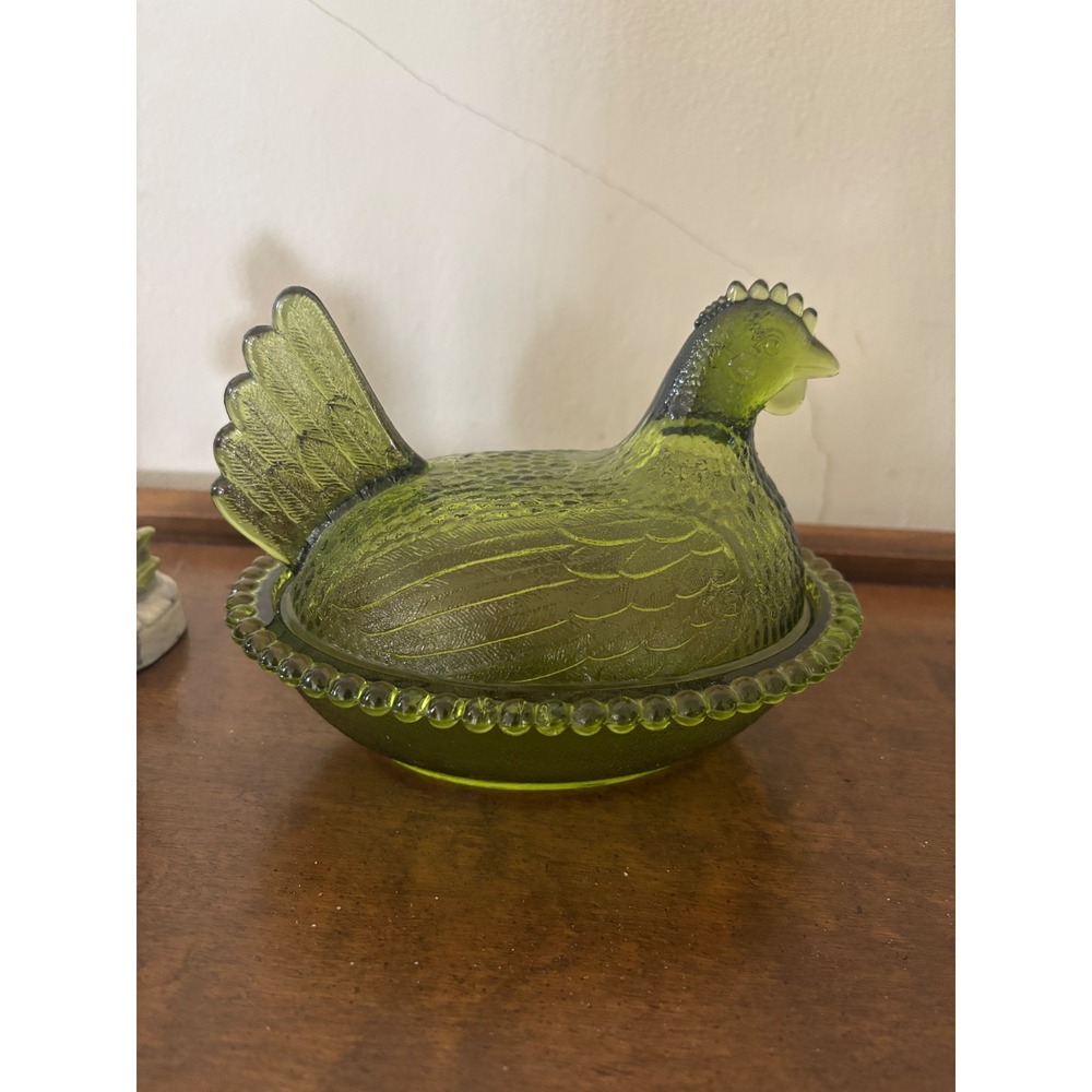Vintage Olive Green Glass Hen on Nest Covered Dish Beaded Rim Cottage Core Hen